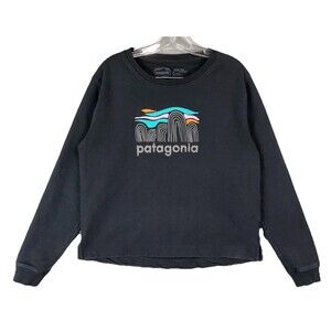 Patagonia Women L Sweatshirt Uprisal Crew Black Recycled Cotton Logo Pullover